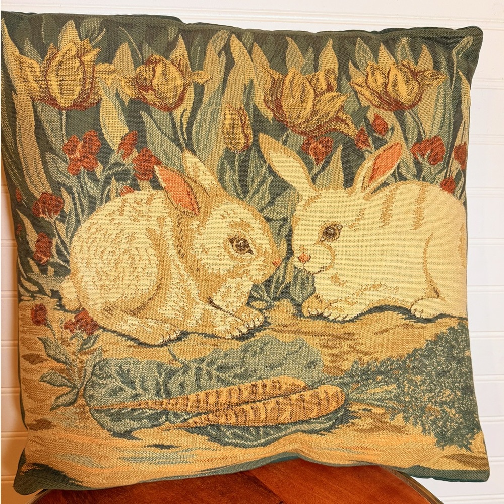 Vintage Tapestry Two Rabbit Pillow Floral Carrots Garden Cottagecore Easter